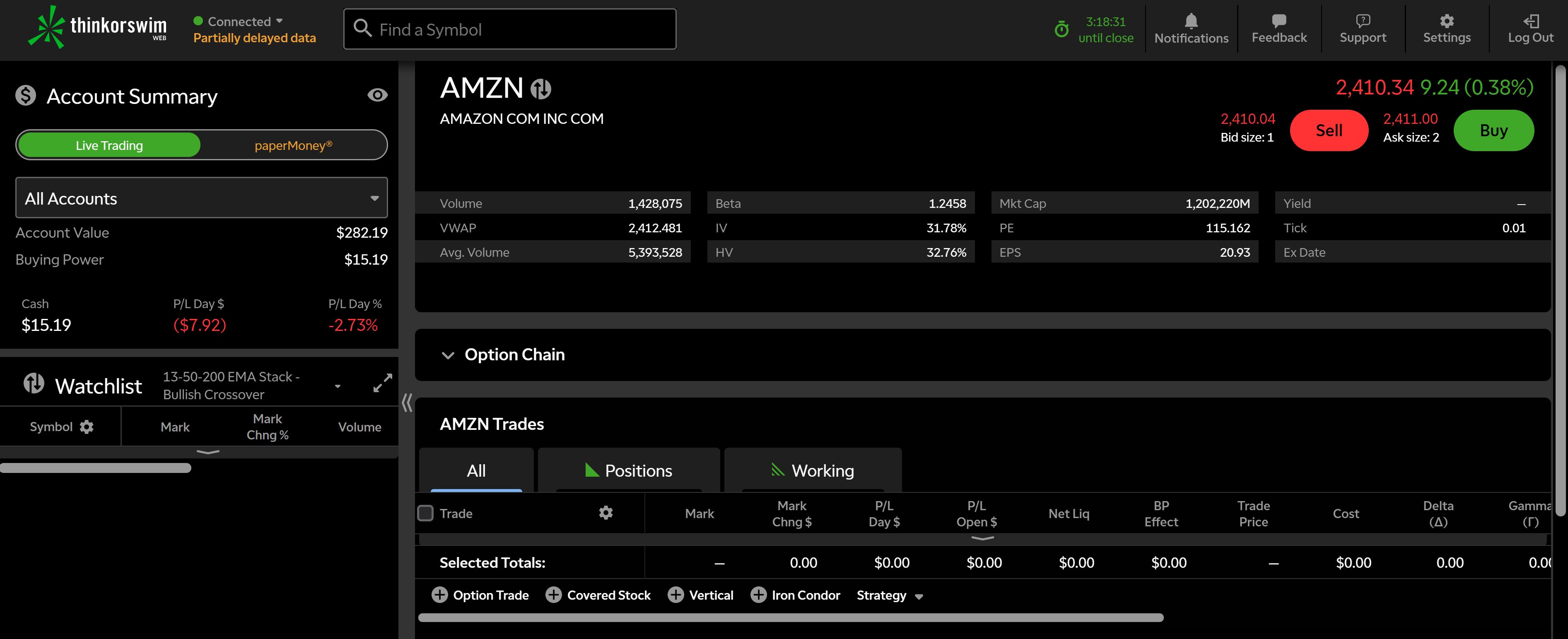 Thinkorswim options chain displaying Greeks, implied volatility, and probability analysis