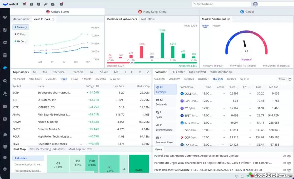 Webull mobile trading app with integrated real-time charts and commission-free trading
