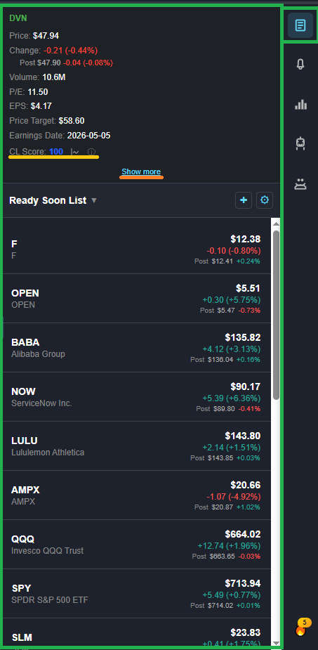 The watchlist panel open, showing tracked symbols with their price and percent change