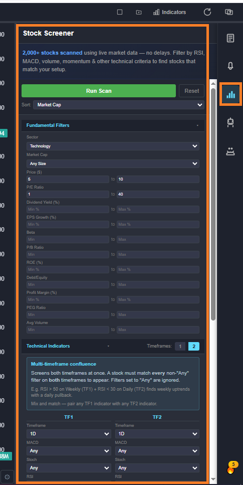 The stock screener with filters configured and a results list of matching tickers