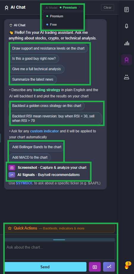 The AI Assistant panel with the free vs premium model selector and the input box visible