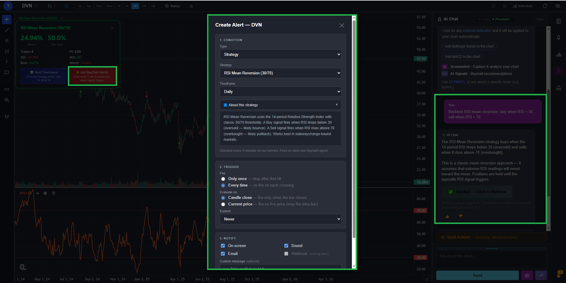 The Save as Alert button after a backtest, with the alert configuration modal opening